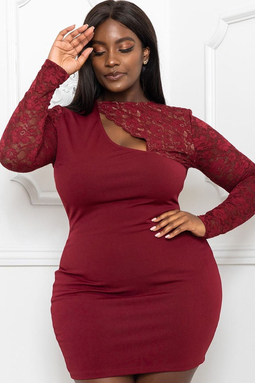 Burgundy Lace Panel Plus Size Mini Dress – Long Sleeve